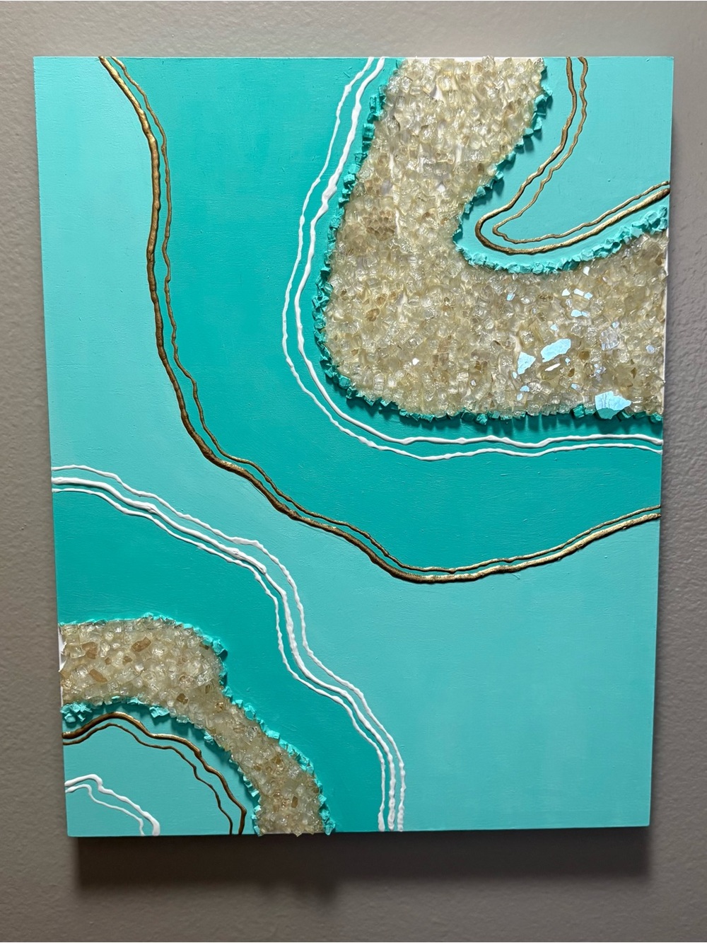 Handmade Aqua Teal Abstract Geode Wall Art with Crystal Accents